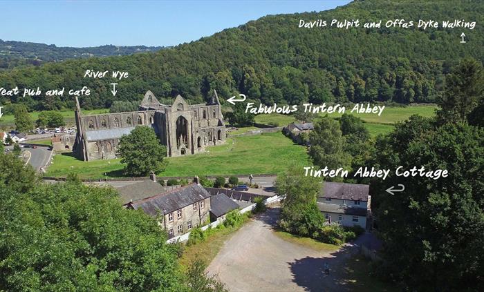 Abbey Cottage aerial view of location with titles